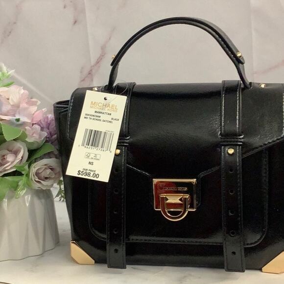NWT Black Michael Kors Manhattan Medium Women's Satchel School - Picture 2 of 7
